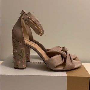 Call it Spring Pink Sues Floral Embroidered heels